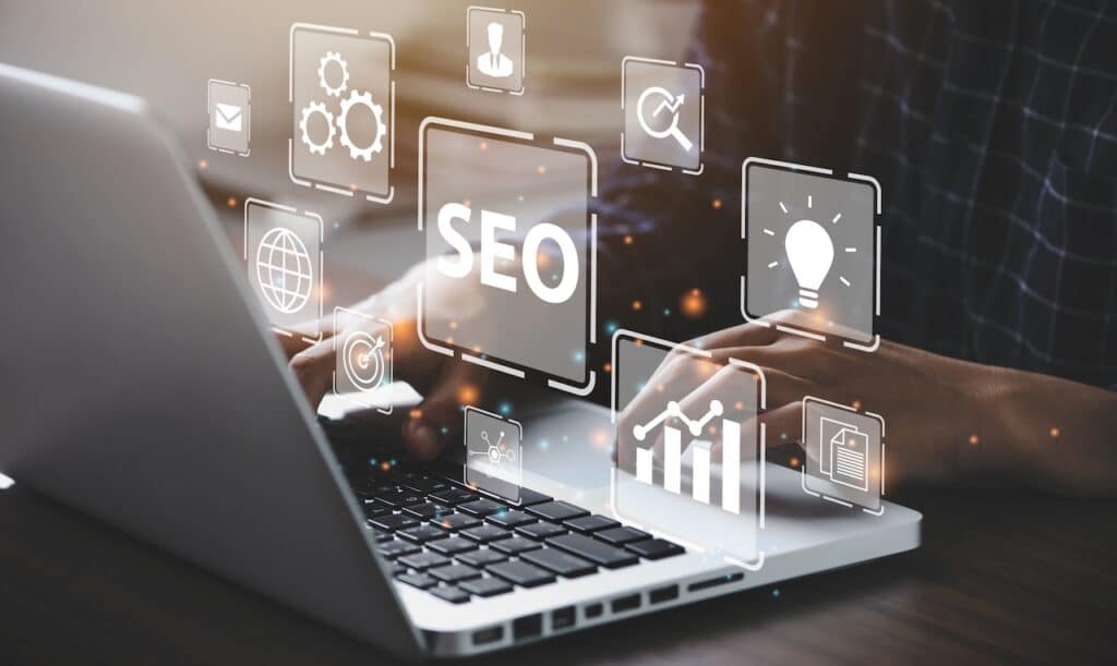 Businessman using a computer for analysis SEO Search Engine Optimization Marketing Ranking Traffic Website Internet Business Technology Concept.