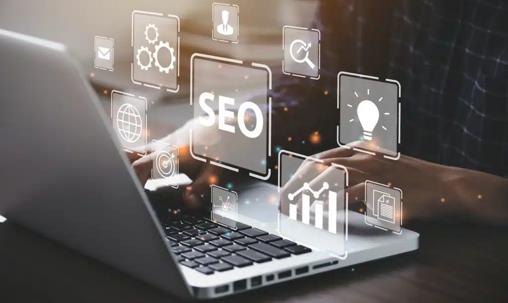 Businessman using a computer for analysis SEO Search Engine Optimization Marketing Ranking Traffic Website Internet Business Technology Concept.