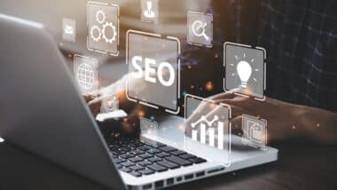 Businessman using a computer for analysis SEO Search Engine Optimization Marketing Ranking Traffic Website Internet Business Technology Concept.