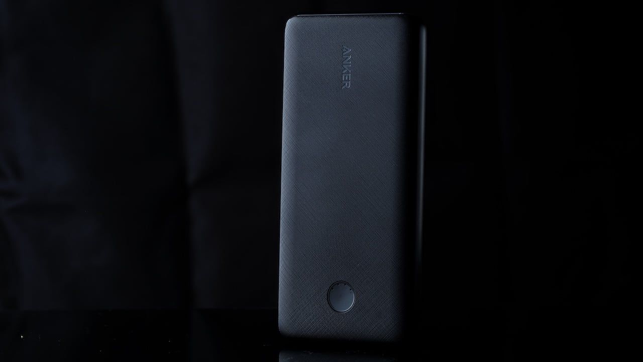 Anker PowerCore III Slim 10000 mAh Black on black background. powerbank. black on black
