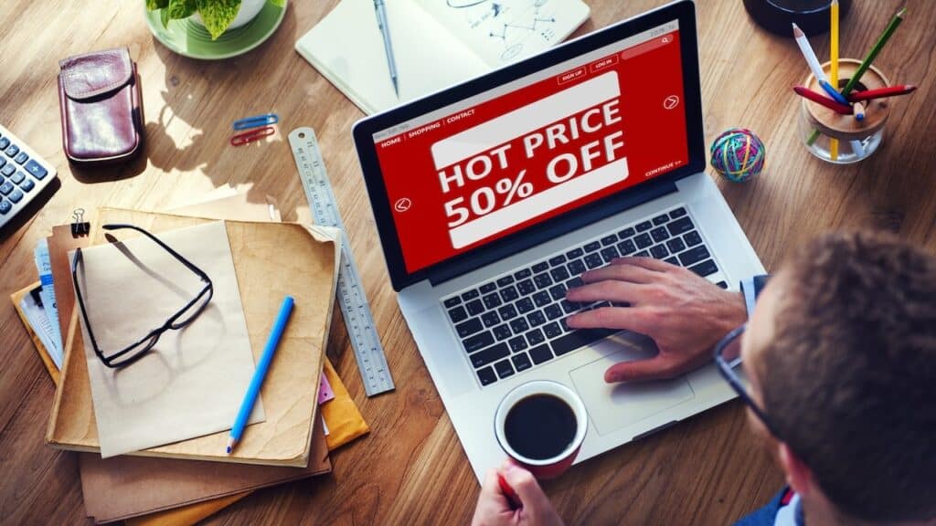 Man Working Computer E-Commerce Retail Promotion Sale Concept