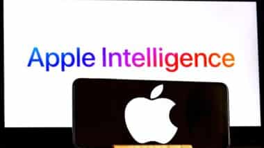 Apple Inc. logo is displayed on a smartphone, while Apple Intelligence is shown on the background of a Mac computer