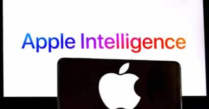 Apple Inc. logo is displayed on a smartphone, while Apple Intelligence is shown on the background of a Mac computer