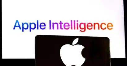 Apple Inc. logo is displayed on a smartphone, while Apple Intelligence is shown on the background of a Mac computer