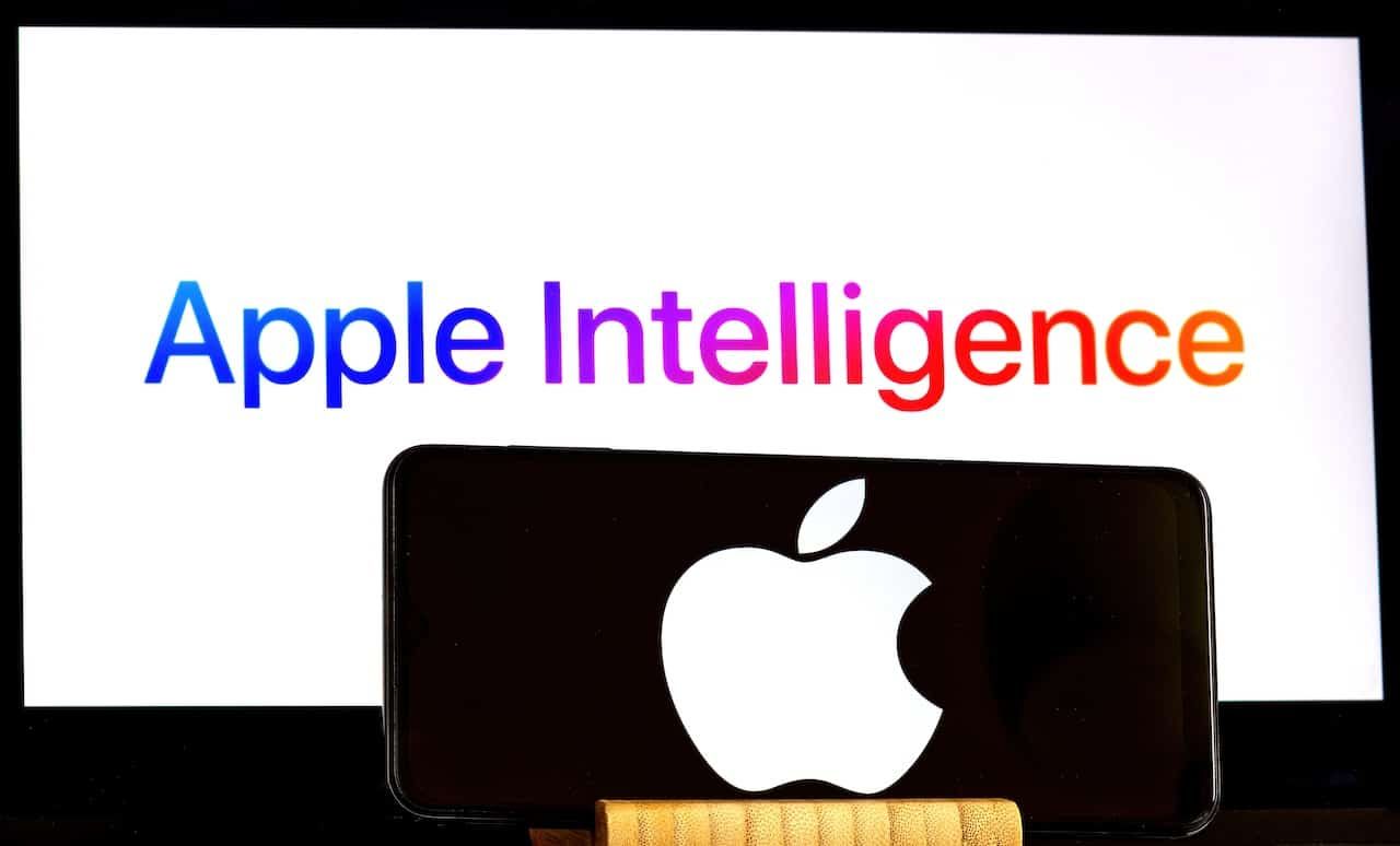 Apple Inc. logo is displayed on a smartphone, while Apple Intelligence is shown on the background of a Mac computer