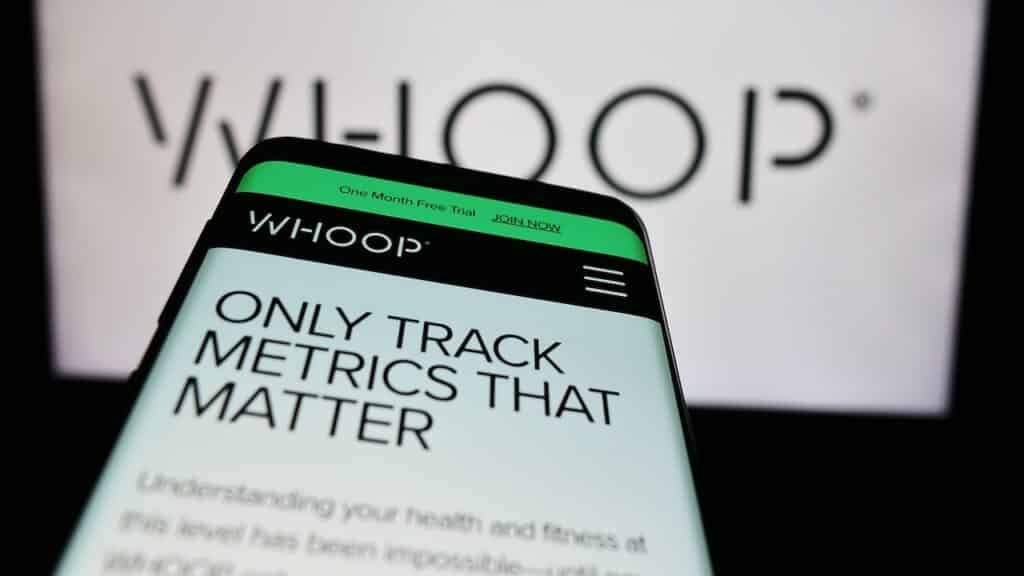 Smartphone with webpage of US wearable technology company WHOOP Inc.