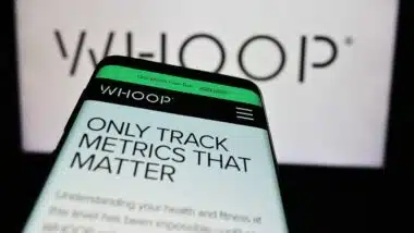 Smartphone with webpage of US wearable technology company WHOOP Inc.