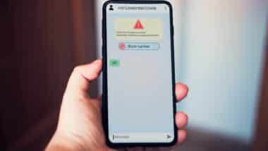 Woman receives message on smartphone from suspected number scam.