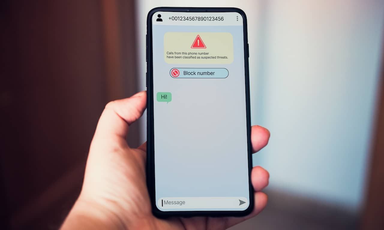 Woman receives message on smartphone from suspected number scam.