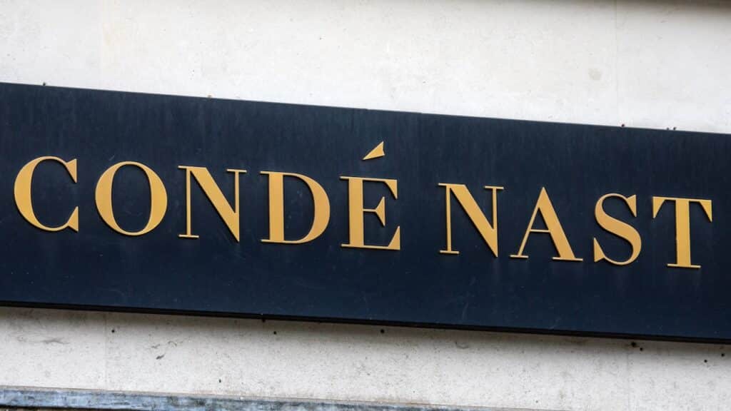 The Conde Nast logo on the exterior of Vogue House - one of their premises in London, UK.