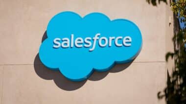 Closeup of the Salesforce logo sign