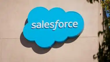 Closeup of the Salesforce logo sign