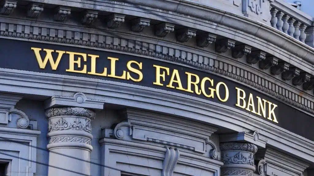 Close-up of Wells Fargo Bank signage on a historic building.