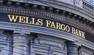 Close-up of Wells Fargo Bank signage on a historic building.