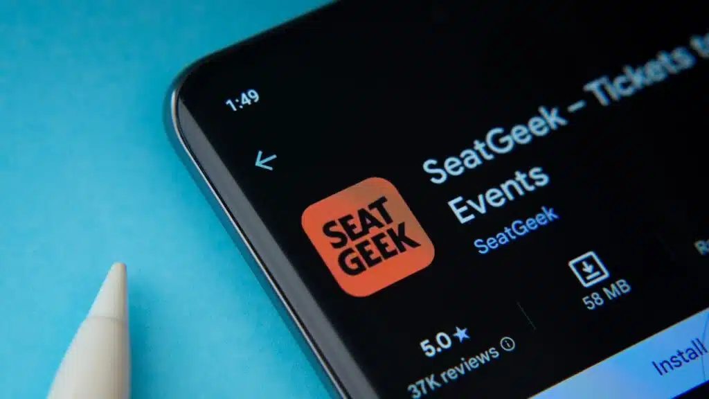 The SeatGeek app from Google Playstore is displayed on a smartphone screen.