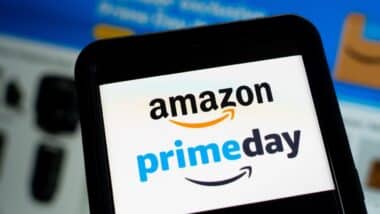Amazon Prime Day Week Logo On Smartphone And Laptop Screens With Shopping Deals Website In Background