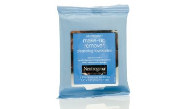Package of Neutrogena make-up remover cleansing towelettes on an isolated background.
