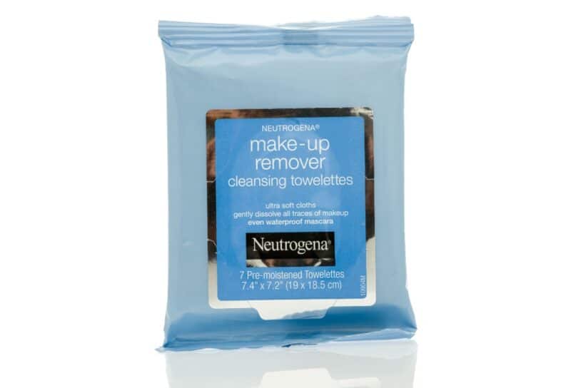 Package of Neutrogena make-up remover cleansing towelettes on an isolated background.