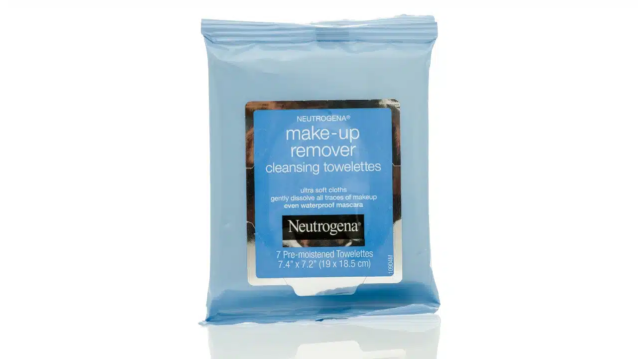 Package of Neutrogena make-up remover cleansing towelettes on an isolated background.