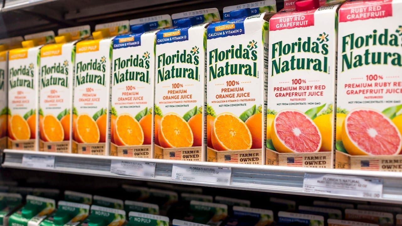 A variety of Florida's Natural juices on sale at a supermarket.
