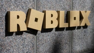 Closeup of the Roblox logo seen at the headquarters campus of Roblox Corporation in San Mateo, California.