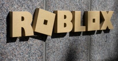 Closeup of the Roblox logo seen at the headquarters campus of Roblox Corporation in San Mateo, California.