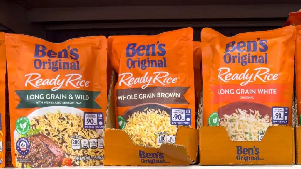 A view of several shelves dedicated to packages of Ben's Original Ready Rice, on display at a grocery store.