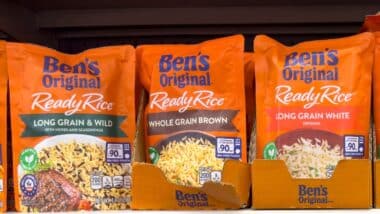 A view of several shelves dedicated to packages of Ben's Original Ready Rice, on display at a grocery store.