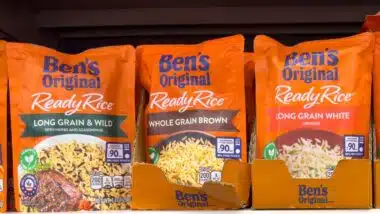 A view of several shelves dedicated to packages of Ben's Original Ready Rice, on display at a grocery store.