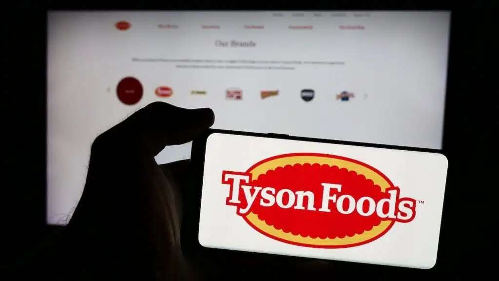 Person holding smartphone with logo of US food processing company Tyson Foods Inc. in front of website.