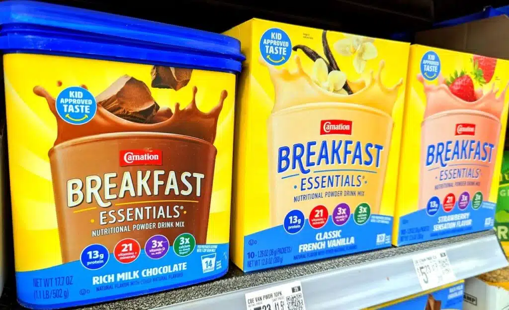 Carnation Breakfast Essentials Powder Drink Products on Shelf