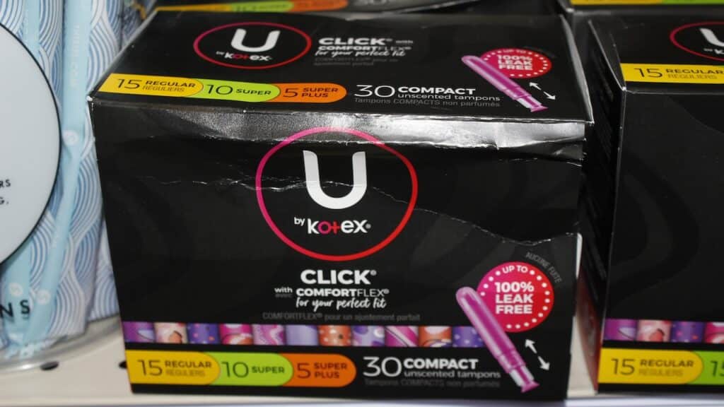 Kotex with Comfort Flex in a box shot closeup on a shelf.