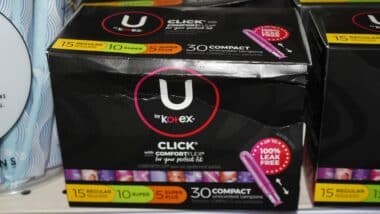 Kotex with Comfort Flex in a box shot closeup on a shelf.