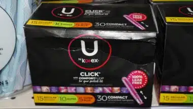 Kotex with Comfort Flex in a box shot closeup on a shelf.