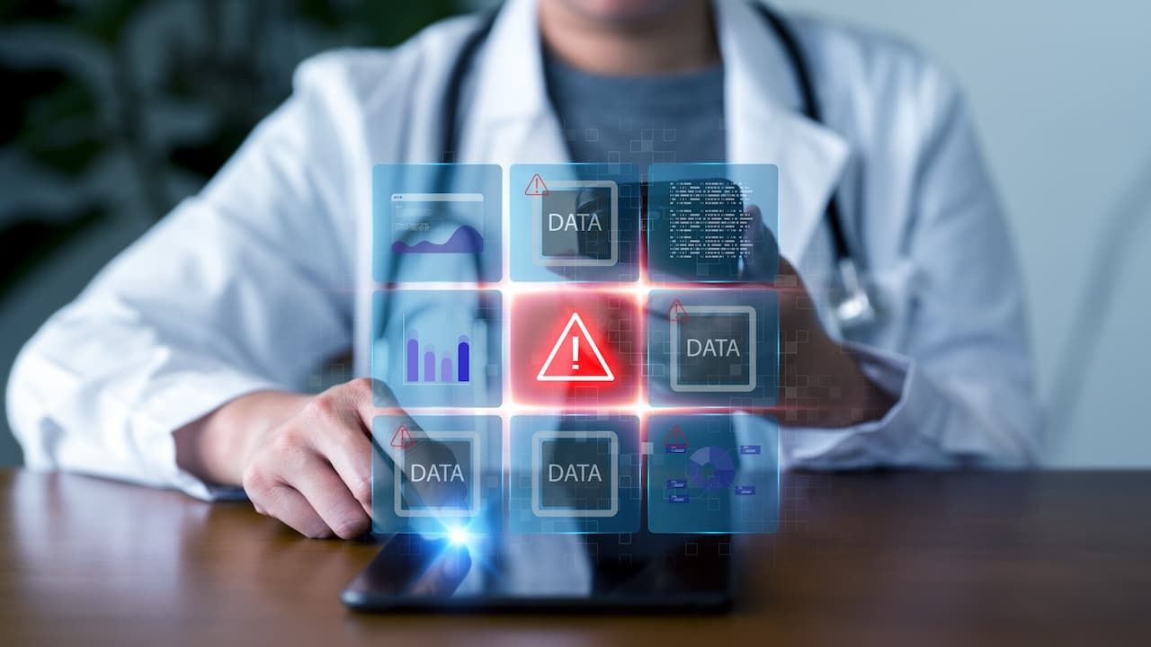 Healthcare cybersecurity, data protection, and digital health technology concepts.