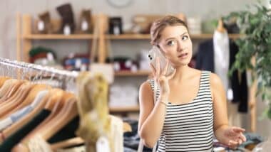 Young woman is standing in a store near clothes and receiving a mobile phone call.