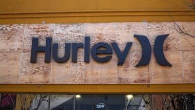 A view of a store front sign for the surf brand clothing store known as Hurley International.