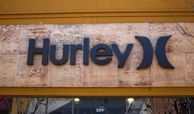 A view of a store front sign for the surf brand clothing store known as Hurley International.