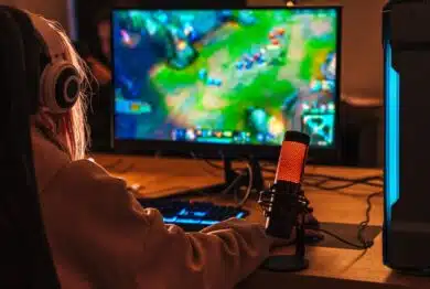 Image from back of caucasian girl playing video game on personal computer while sitting at table indoors
