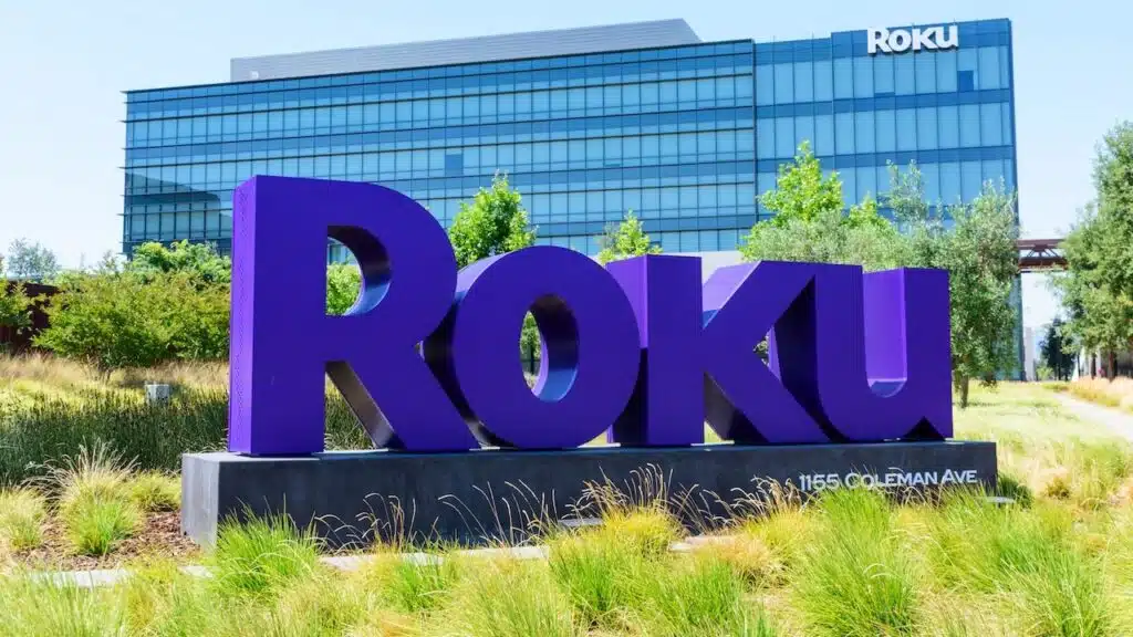 Roku sign, logo at corporate headquarters campus of consumer electronics and broadcast media company in Silicon Valley.