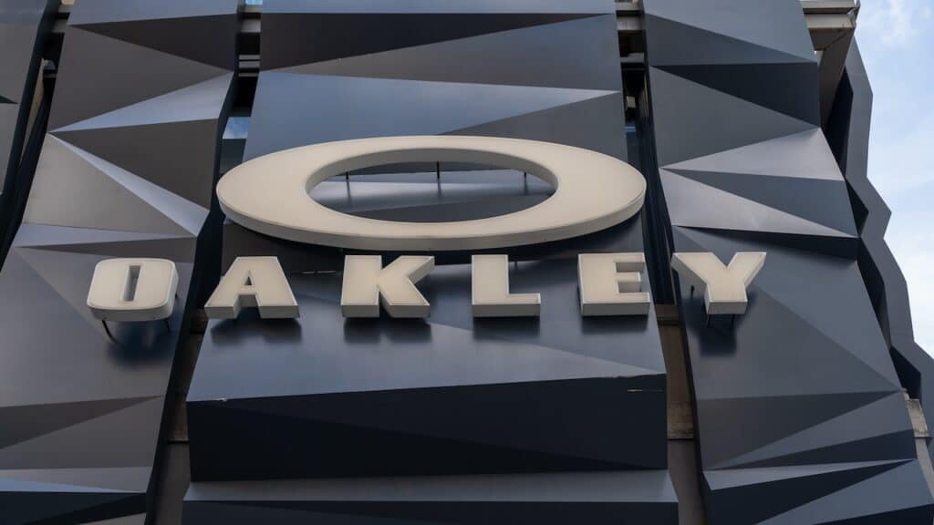 A close up of Oakley store sign is seen on Fifth Av. in New York City, USA.