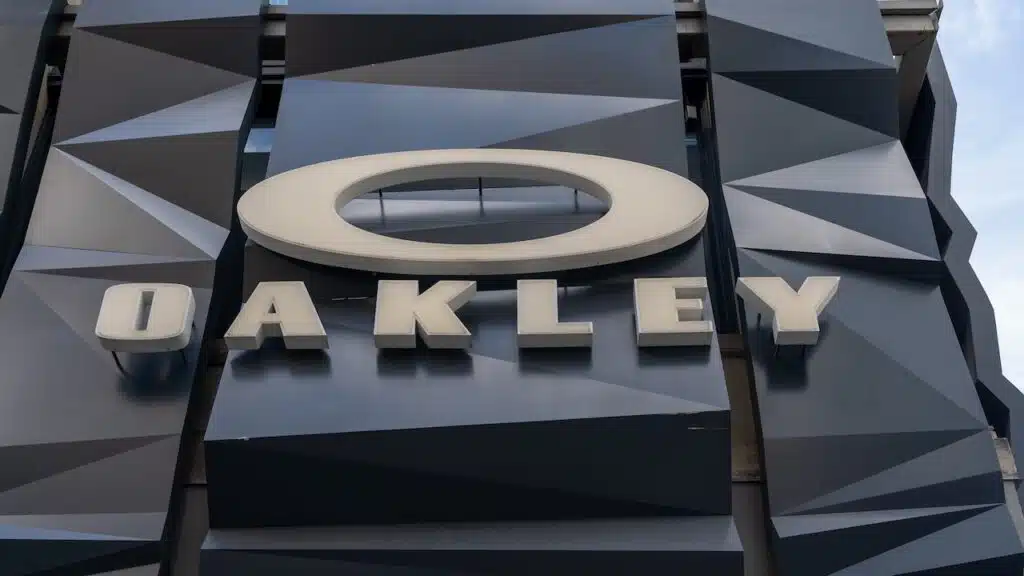A close up of Oakley store sign is seen on Fifth Av. in New York City, USA.