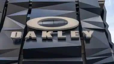 A close up of Oakley store sign is seen on Fifth Av. in New York City, USA.