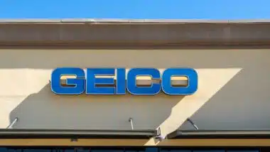 Close up of the GEICO sign on the building at one of its branches.