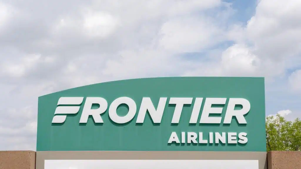 The Frontier Airlines logo sign at the company's headquarters in Denver, Colorado.