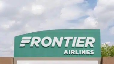 The Frontier Airlines logo sign at the company's headquarters in Denver, Colorado.