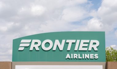 The Frontier Airlines logo sign at the company's headquarters in Denver, Colorado.