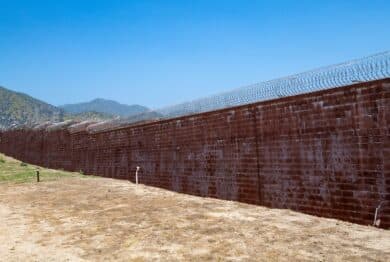 Brick wall with razor wire, correctional facility, prison wall, mountain in background. Barry J. Nidor Juvenile Hall facility, wall, razor wire.