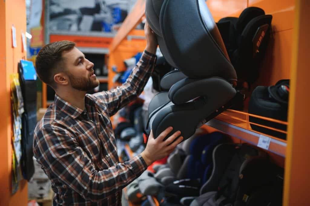 Young father with choosing car seat in store of children's goods.
