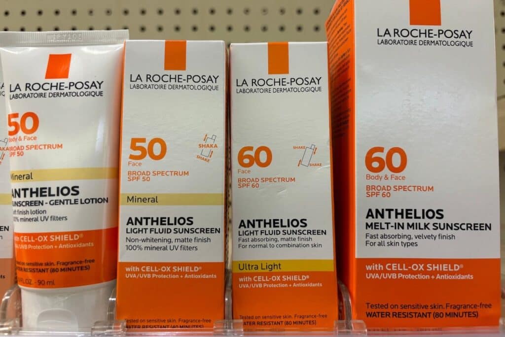Boxes of La Roche Posay broad spectrum SPF 50 and 60 anthelios sunscreen with cell-ox shield